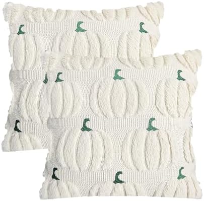 Fall Accent Pillow Cover 20x20 Set of 2 Beige Green Stem Pumpkin Autumn Decorative Cushion Cover Soft Plush Faux Fur Couch Pillow Case for Thanksgiving Harvest
