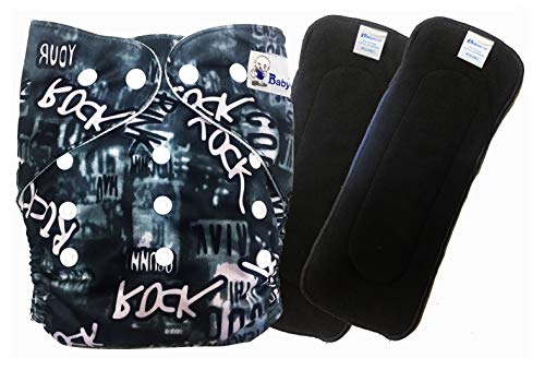 Image of Babymoon (SET of 2 - Cloth Diaper with Wetfree Microfiber Insert) Designer Premium Reusable, Adjustable Size, Waterproof, Washable, Pocket Cloth Diaper Nappie (Black Rockstar)