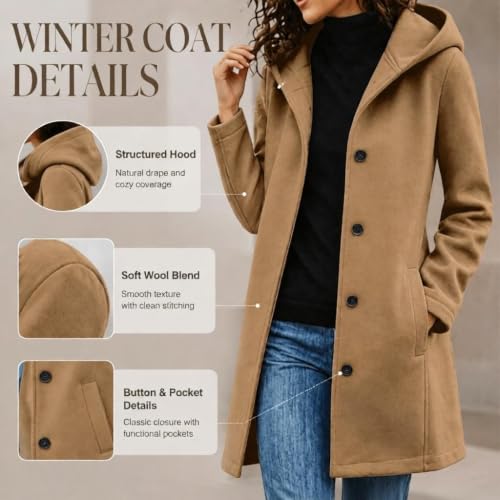 Pea Coats for Women Single Breasted Mid Long Wool Coat Winter Hooded Jacket — view 4