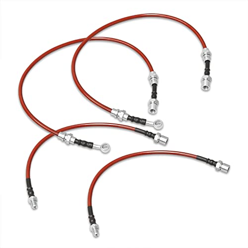 AJP Distributors Red Stainless Steel Braided Oil Disc Brake Lines Hoses Cables Kit 4PCS Front & Rear Set Compatible/Replacement For Supra MK3 A70 JDM 1986 1987 1988 1989 1990 1991 86 87 88 89 90 91