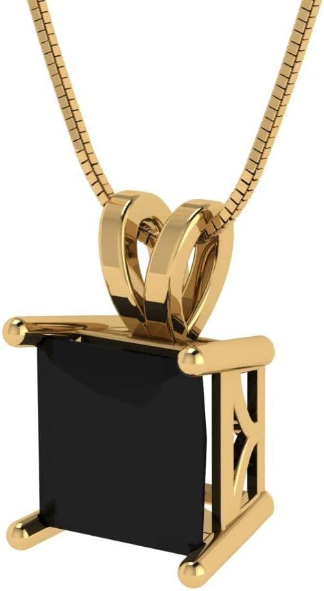 Clara Pucci 14K Yellow Gold Plated Solitaire 16" Box-Chain Necklace - Sterling Silver 2ct Princess Cut Onyx Pendant - Image 2