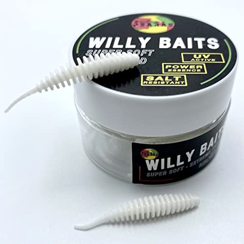Willy Baits - 38mm - Forellen Softbaits Box - Knobi Aroma Lamellen Gummiwürmer - Trout Fishing (Weiss, 20 STK. in der Box | Ködergröße 38 mm)