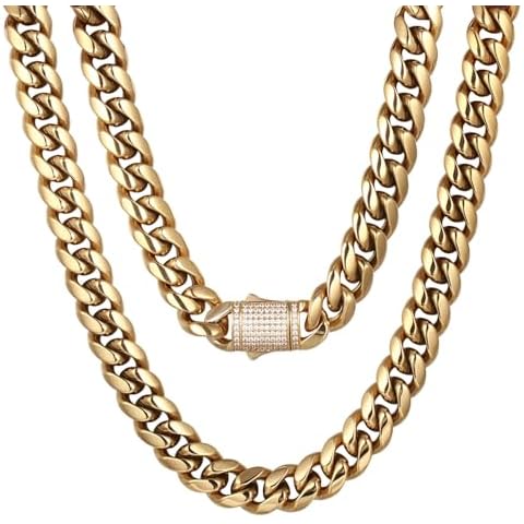 Luxfine Miami Cuban Link Chain Hip Hop Jewelry Stainless Steel 14K Real Gold Plated Necklace for Men Women Gift 12mm Cover