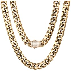 10/12mm Miami Cuban Link Chain 14K REAL Gold Plated Premium Stainless Steel Necklace Hypoallergenic Hip Hop Jewelry for Men Women Christmas Father Day Birthday Gift Double-sided Iced Out Clasp, with Box & Pouch