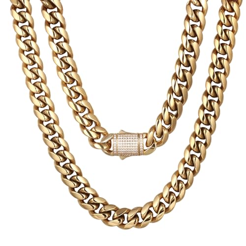 10/12mm Miami Cuban Link Chain 14K REAL Gold Plated Premium Stainless Steel Necklace Hypoallergenic Hip Hop Jewelry for Men Women Christmas Father Day Birthday Gift (Double-sided Iced Out Clasp, with Box & Pouch)