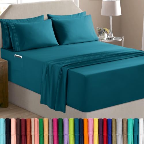 Elegant Comfort Luxury Soft 6-Piece 1500 Premium Hotel Quality Bed Sheet Set with Extra Deep Pockets 18-24 Inch, Wrinkle Free, Storage Pockets, Extra Deep Pocket 6PC Sheets, Cal King, Marine Teal