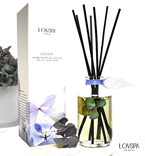 Lovspa English Garden Reed Diffuser Sticks Gift Set - Real Hydrangea Flowers In The Bottle - Jasmine, Rose, Hyacinth And Lily Of The Valley Scented Room Freshener - Made In The Usa #TOP1