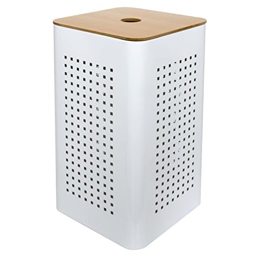 Panier à Linge, Métal, Blanc/ Naturel, 30 x 30 x 50 cm