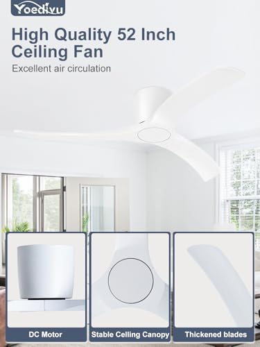 Image of 52 Inch Smart Ceiling Fans Without Lights, Low Profile Flush Mount Ceiling Fan with Alexa & Remote Control, 6 Speed Reversible Quiet DC Motor, White Ceiling Fan for Bedroom Living Room Patio