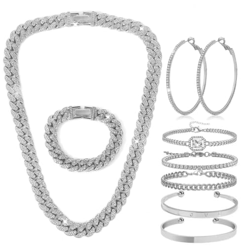 XKAWRT 8 PcsCuban Link Chain jewelry sets for Woman with Rhinestone Necklace Bracelet Earrings Bling Diamond chunky Chain Jewelry (Silver B 18inch)