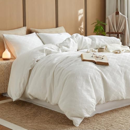 BISELINA 100% Cotton Waffle Weave Duvet Cover Set Queen Size 3 Pieces (1 Duvet Cover 88"x92", 2 Pillowcases) Soft Breathable Durable Chic Bedding Set for All Season - White, Queen Size