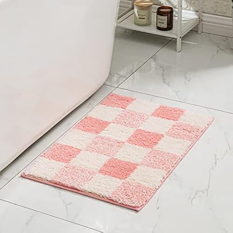 CozeCube Checkered Bath mats for Bathroom Non Slip, Fluffy Absorbent Microfiber Bath mat Washable, Aesthetic Bathroom Rugs, Cute Bath mat for Shower Sink, Blossom Pink, 32" x 20" Cover
