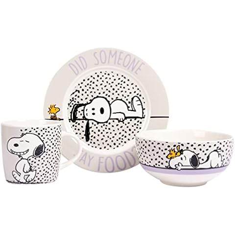 The Peanuts Frühstücksset Snoopy - Did someone say food! Geschirr Set 3-teilig Teller, Schale & Tasse aus Porzellan Weiß Cover