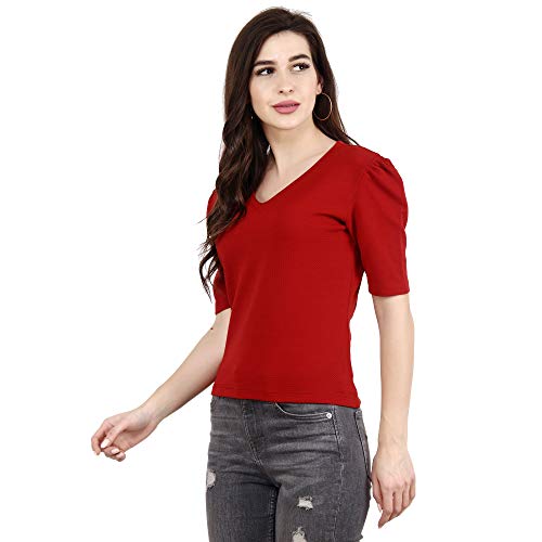 Image of POPWINGS Casual Solid Puff-Sleeves Crop Top for Women || V-Neck Crop Top for Women || Half-Sleeves Summer Crop Top for Women || Crop Tops for Women Fancy Crop Top for Women