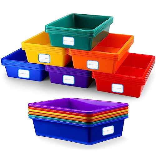 Hoolerry 24 Pcs Plastic Cubby Storage Bins Classroom Cubby Organization with Self Adhesive Labels Bin Small Stackable Storage Containers Toy Book Box for School(14 x 10 x 3 Inch,Colorful)