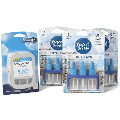 Image of Perfect Scents Air Freshener Plug-In Starter Kit – FRESH LINEN – Includes 1 x Smart Programming 3volution DEVICE PLUG & 3 x Refill Bottles 3 Alternating Scents for Odour Elimination Up to 90 Days