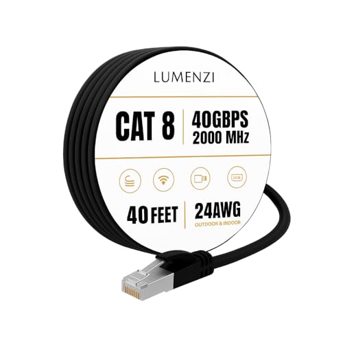 Lumenzi Cat8 Round Ethernet Cable 40ft, 1 Pc Pack, 40Gbps 2000MHz Network Patch Cord, S/FTP Shielded LAN Cable, ETL Listed, RoHS Compliant, with RJ45 Connectors for Gaming, Router, Modem & Laptop