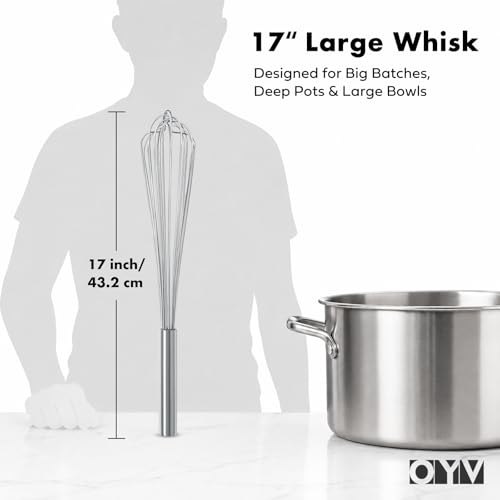 Image of OYV 18 /10 Stainless Steel Large Whisk, 17 inch Commercial Heavy Duty Whisk for Whipping Eggs, Mixing Batter, Making Sauces, Long Wisk Dishwasher Safe