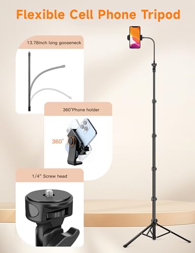 Image of Phone Tripod, 86 inch Tall Tripod for iPhone with Flexible Gooseneck & Remote, Portable Aluminum Cellphone Stand for Selfies, Video Recording,Travel, Compatible with iPhone Android