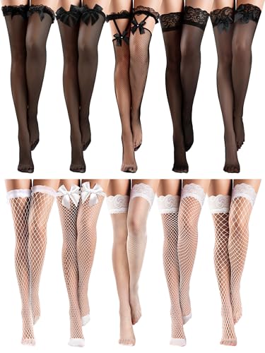 Image of Fourluoo 10 Pairs Silk Fishnet Thigh High Stockings Women Lace Top Sheer over Knee Stocking for Halloween