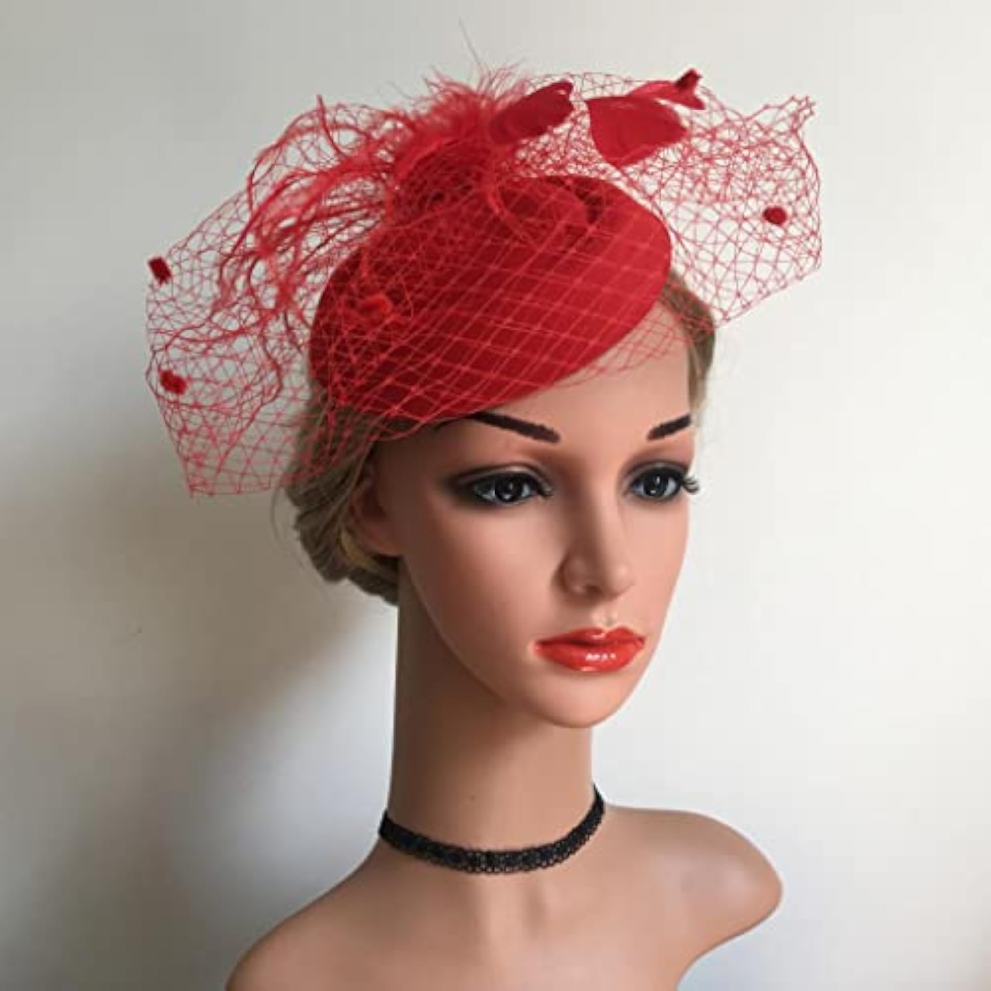 Cocktail Tea Party Fascinator Hat with Veil, Red