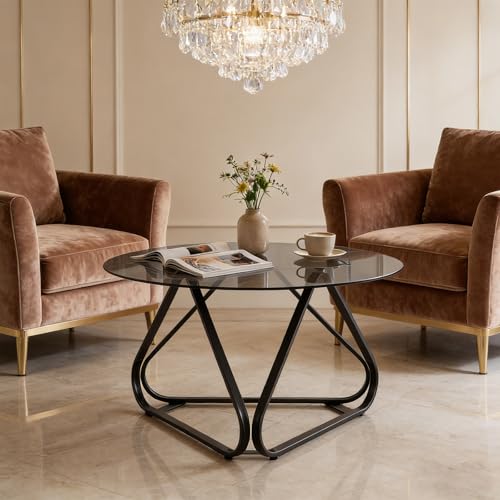 RELAX4LIFE Table Basse Ronde 80 CM en Verre Trempé, Table de Salon Ronde Transparente avec Cadre...