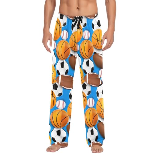 Custom Sports Balls Footballs Blue Cartoon Men's Pajama Pants 100% Cotton Men's Sleep Bottoms Drawstring S2