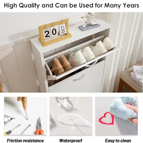 HOPUBUY Shoe Cabinet for Entryway, White Narrow Shoe Storage Cabinet Flip Down Shoe Rack Wood 3 Tier Shoe Organizer for Home and Apartment