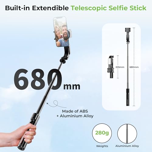Image of UltraProlink Snap-Z Pro|1-Axis Gimbal Stabilizer with Full control BT Remote| Selfie Stick Tripod with 9 mode magnetic Fill Light| Anti-Shake for iPhone & Android Extendable 680mm|360 Rotation|UM1268