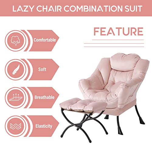 Image of LITA Lazy Chair with Ottoman, Modern Accent Leisure Upholstered Sofa Chair, Contemporary Lounge Reading Chairs with Armrests and a Side Pocket for Living Room, Bedroom & Small Space, Pink
