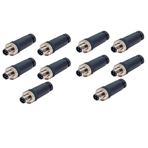 M12 4 Pin Connector Field Wireable A Code Straight Male Plug Non-Shield Connector, 12mm Industrial Circular Connector, Outdoor Waterproof IP67, Pack of 10