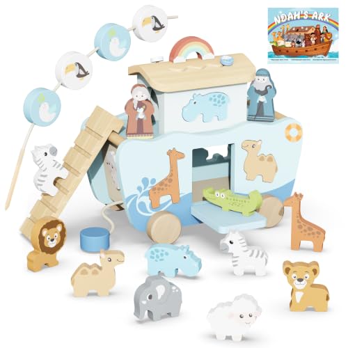 Hoarosall 27PCS Wooden Noah's Ark Montessori Toys for 1 Year Old Baby Boys Girls Christian Toys for Toddlers 1-3 Ideal Baptism Christmas & 1st Birthday Gifts