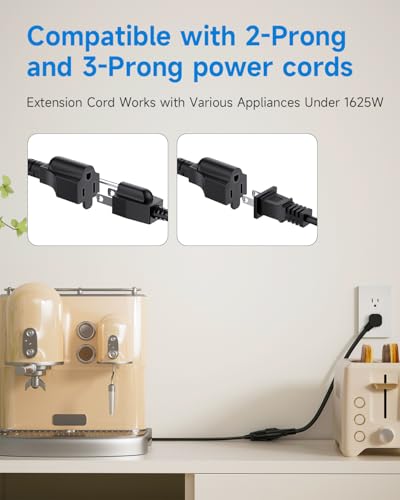Image of Flat Plug Short Extension Cord 1Ft Low Profile Adapter 3 Prong Indoor Small Grounded Power Cable Outlet Saver 16AWG 13A 1625W Black 2 Pack