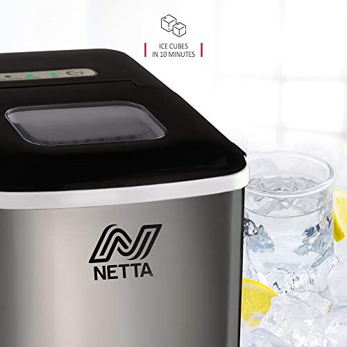 NETTA Ice Maker Machine for Home Use Makes Cubes in 10 Minutes - Large 12kg Capacity 1.8L Tank - No Plumbing Required - Includes Scooper and Removable Basket - Stainless Steel & Black