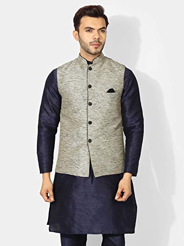 Image of UnM Men's Art Silk Uri and MacKenzie Navy Blue Kurta Pyjama with Grey Jacket (42)