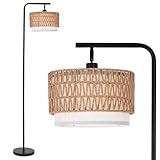 LuminexDesigns Lampadaire Rotin Bohème pour Salon, Lampe sur Pied de Vintage Rustique E27 pour Chambre, Double Abat jour, 173cm Hauteur, Noir, Base Lourde Stable, Tête Orientable, Interrupteur au Pied