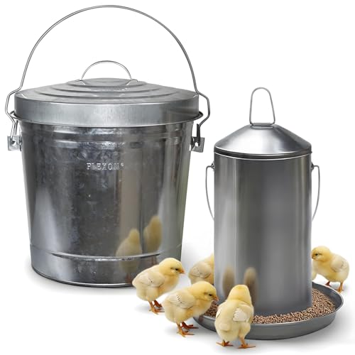 Plexon 8.8 Lb Poultry Feeder Stainless Steel Hanging Chicken Feeder no Waste Food-Grade with 6 Gallon Small Galvanized Metal Trash Can with Locking Lid, Bundle