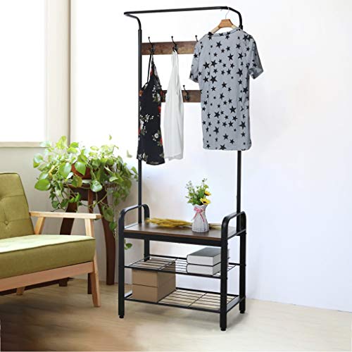Shamoluotuo Industrial Coat Rack Shoe Bench, 3 Tiers 7 Hooks Hall Tree Entryway Storage Shelf, Wood Look Accent Furniture With Metal Frame, 3 In 1 Design, 28.3"L X 13.4"W X 72.1"H #TOP7