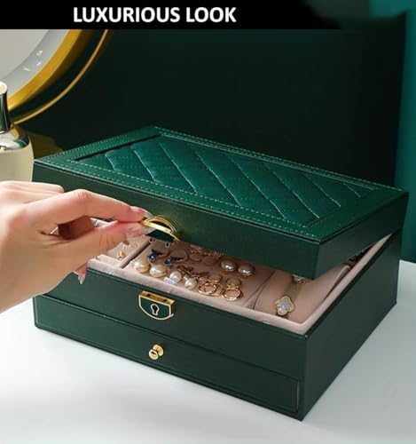 Image of Velvet Three Layer New Vintage Flannel Jewelry Box Earrings Earrings Rings Necklace Bracelets Jewelry Organiser Storage Case With Drawer For Girls Women Dark Green (AB-03)
