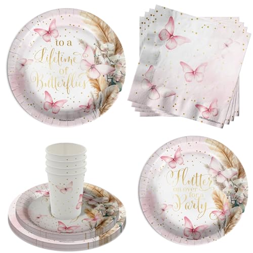 Butterfly Bridal Shower Party Supplies - 64 Piece Spring Bridal Shower Tableware Set Includes Large 9" Dinner Plates and 8" Dessert Paper Plates Napkins Cups - Kit for 16
