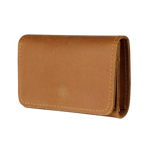 S-MAN Genuine Cowhide Leather Credit Card Holder Handmade Button Business Card Case Mini Wallets for Men Brown