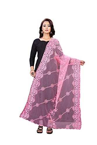 Dupatta brodé rose en nylon pour mariages et cérémonies traditionnelles - Modèle N°4
