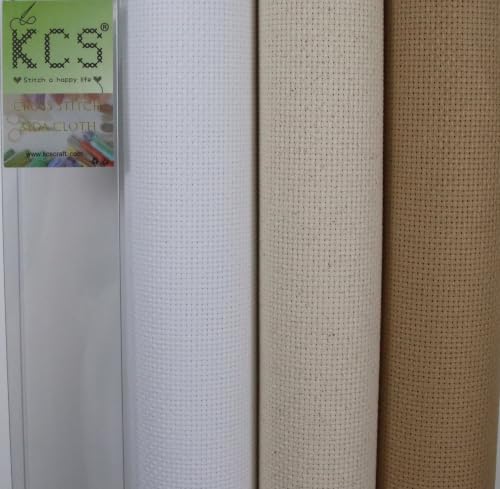 Image of KCS 3 pc of 15 inch x 18 inch(38cmx45cm) Counted Cross Stitch Cotton Aida Cloth Needlework Rolled Fabric Box,14CT,White+Oatmeal+Khaki