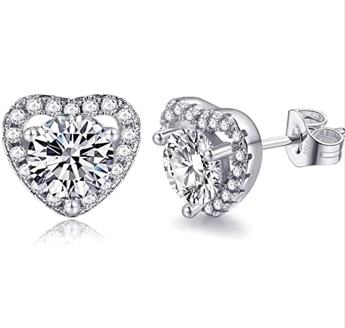 Sterling Silver Diamond Studs Earrings For Women Girls Round Faux Diamond Studs Rectangle Heart Shaped Cubic Zirconia Stud Earrings Set Dainty Sparkly Diamond Halo Sleeper Studs