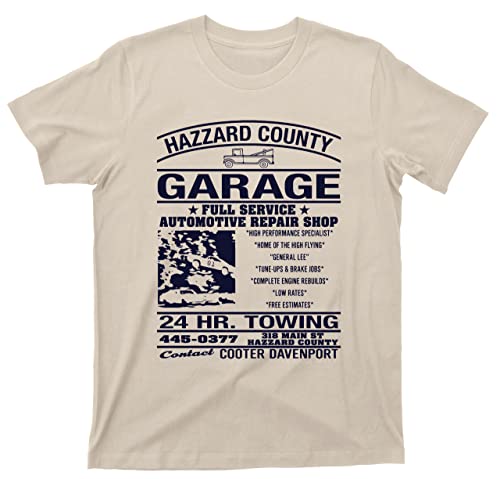 Hazzard County Garage T Shirt Crazy Cooters Towing Bo Luke Daisy Duke 80s TV Show Tee (XL, Sand)