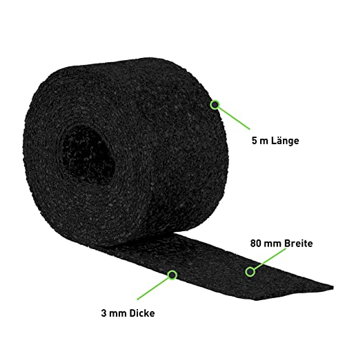 Terrassenpads auf Rolle (5m x 80mm x 3mm) - Gummigranulat, Bautenschutzmatte, Unterlegpads, Terrassenbau - Streifen Gummipads als Unterlage für WPC Terrassendielen und Terrassenplatten - 5Mx80x3mm