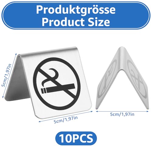 Oungy 10 Stück Doppelseitiges Rauchen Verboten Schild, 5x5x5 cm Edelstahl Nichtraucher Schild, Widerstandsfähig Rauchverbot Schilde, Rauchverbot Tischkarte mit Klarem Logo, für Esszimmer Hotels Cafés
