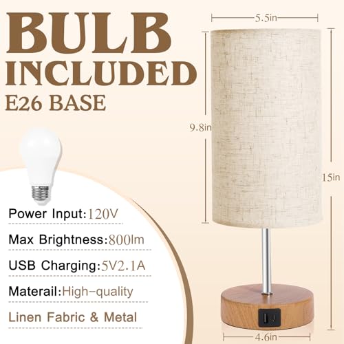 UNIFUN Touch Control Bedside Table Lamp with USB-C Charging Ports, 4-Way Dimmable Nightstand Lamp with Wood Base & Fabric Shade for Bedroom Living Room — view 2