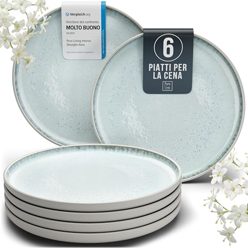Set di 6 Piatti Grandi in Gres, Modello Ibiza - Piatti Raffinati Resistenti a Lavastoviglie e Microonde - Servizio da Tavola per 6 Persone, Piatti da Cena - Pure Living beige-blu