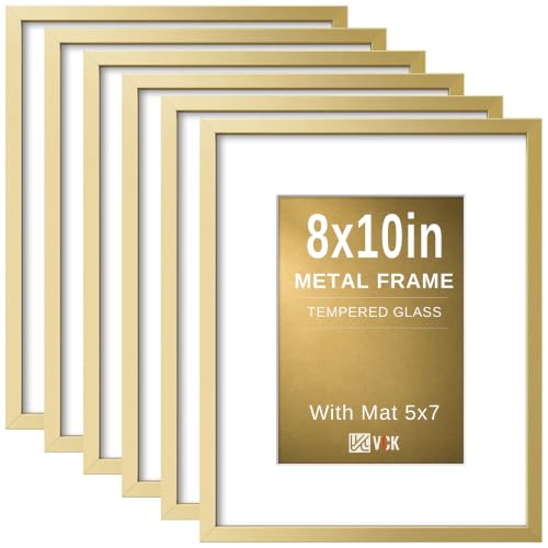 Image of VCK 8x10 Picture Frame Gold Metal, Real Glass, 5x7 Mat, Set of 6, for Arts